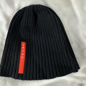 Prada Black Ribbed Knit Hat with Red Logo- unisex